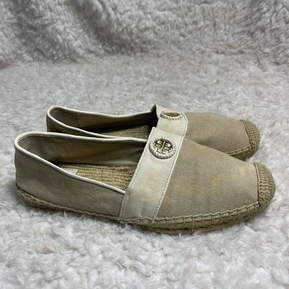Tory Burch Canvas Khaki & beige espadrilles slip on gold tone logo accent SZ9.5 - Picture 2 of 13